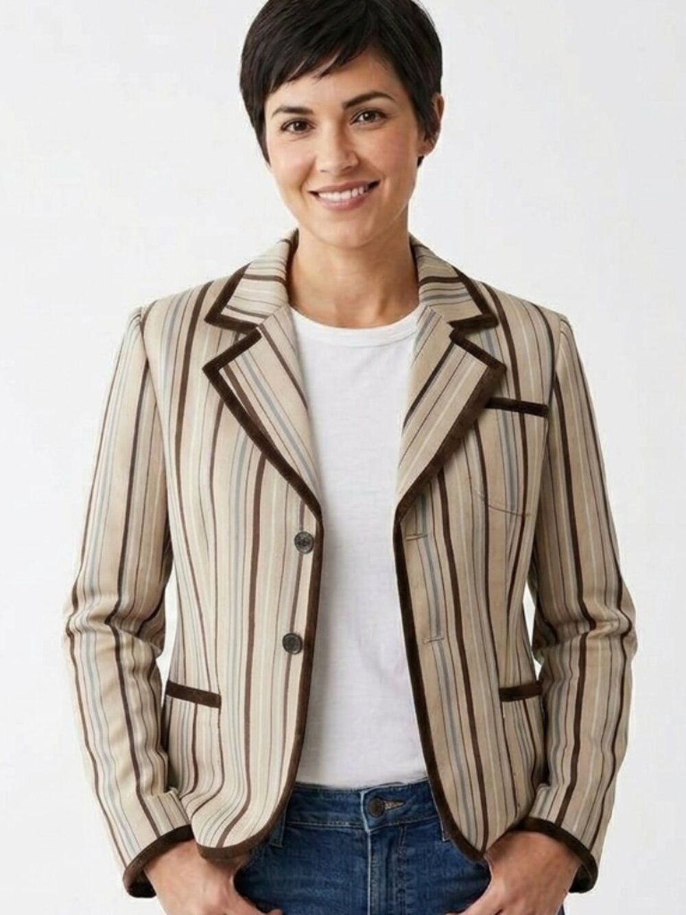 Classic Pendleton Striped Blazer With Ribbon Details, Size 14